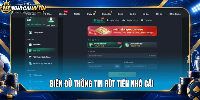 Điền đủ thông tin rút tiền nhà cái