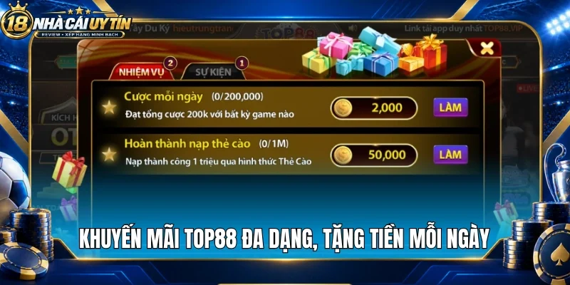 Khuyến mãi Top88 đa dạng, tặng tiền mỗi ngày